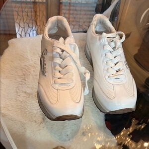 Guess White Lace-Up Platform Women's Sneakers with Brown Trim